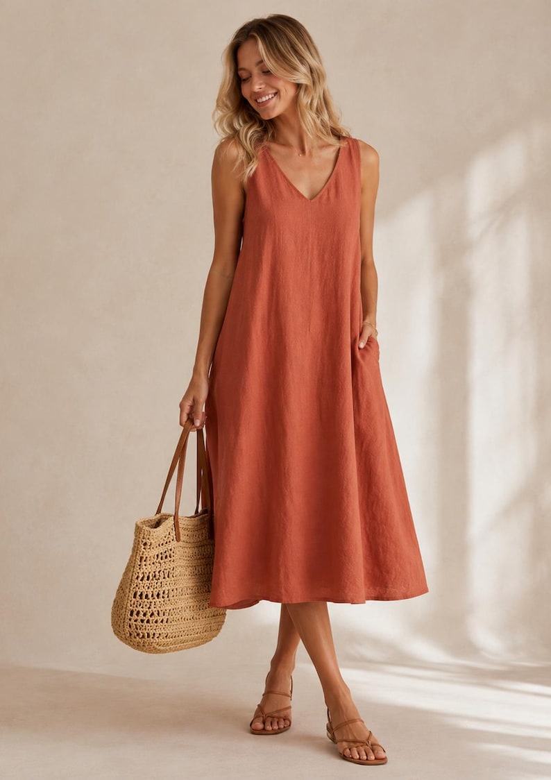 Linen Midi Sundress Sewing Pattern, V Neck Cottagecore Summer Dress, XS-4XL