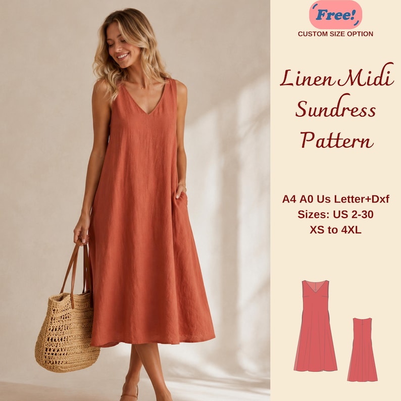 Linen Midi Sundress Sewing Pattern, V Neck Cottagecore Summer Dress, XS-4XL