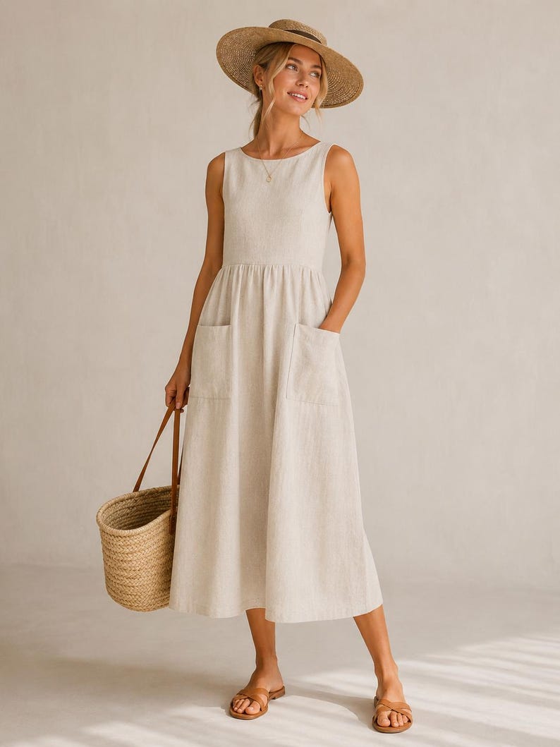 Boho Linen Midi Summer Dress Sewing Pattern, Boat Neck Gathered Sundress, Linen Cottagecore, XS-4XL