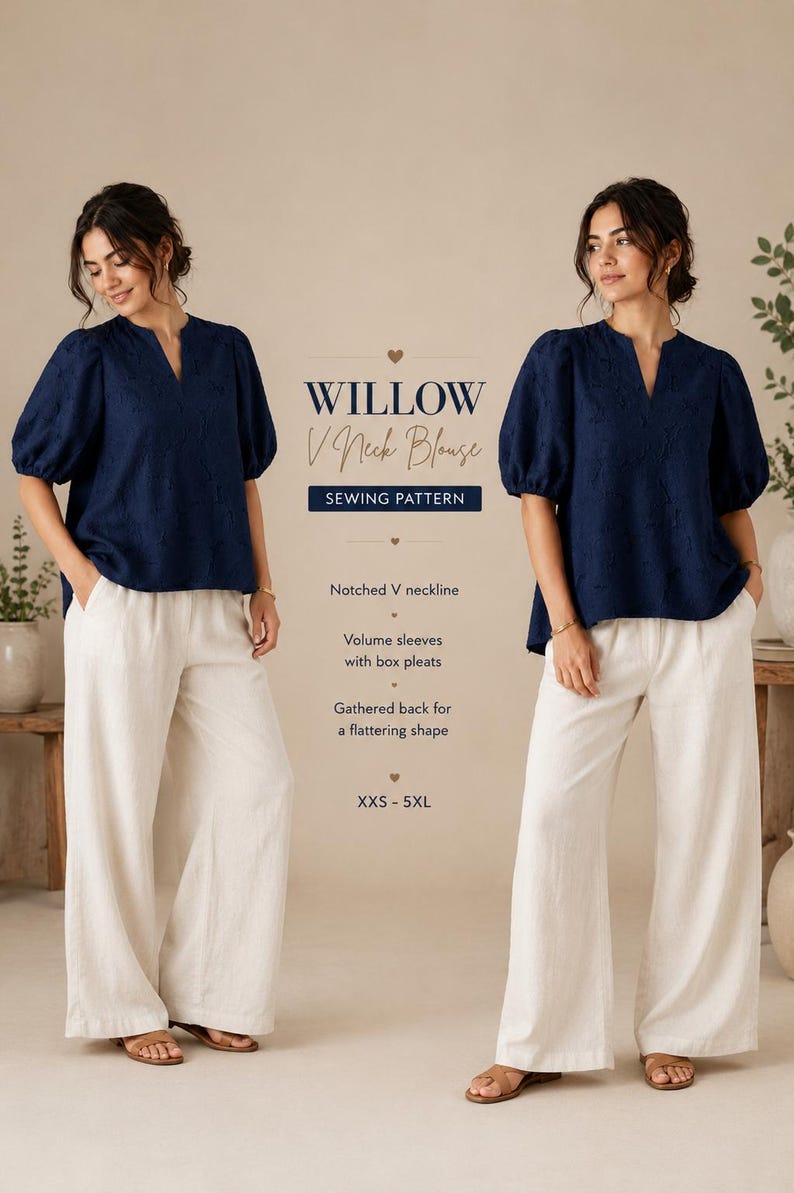 Summer V Neck Blouse Sewing Pattern PDF | Puff Sleeve Top Pattern | Oversized Blouse PDF | A4 A0 Projector | XXS-5XL