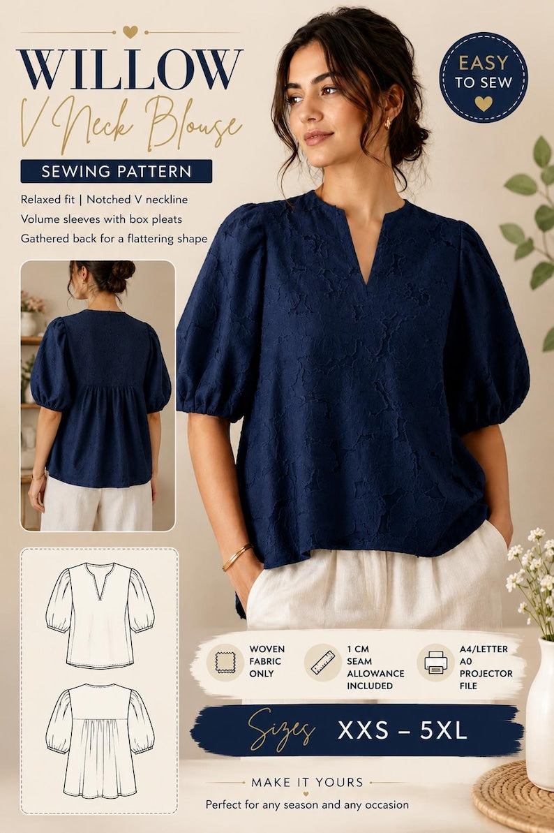 Summer V Neck Blouse Sewing Pattern PDF | Puff Sleeve Top Pattern | Oversized Blouse PDF | A4 A0 Projector | XXS-5XL