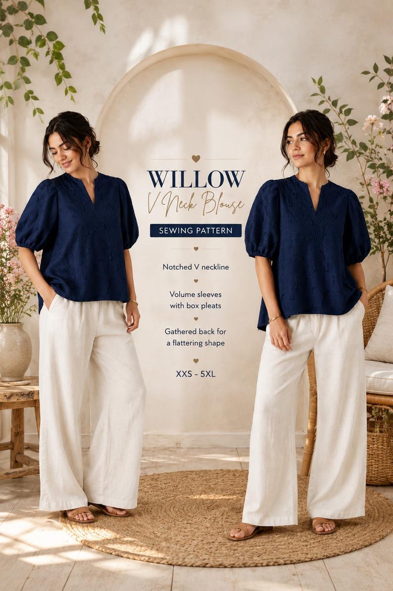 Summer V Neck Blouse Sewing Pattern PDF | Puff Sleeve Top Pattern | Oversized Blouse PDF | A4 A0 Projector | XXS-5XL