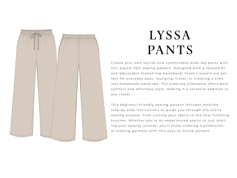 Wide Leg Pants Pattern PDF | Women's Trousers Sewing Pattern | Drawstring Waist | Printable XS-XL Download