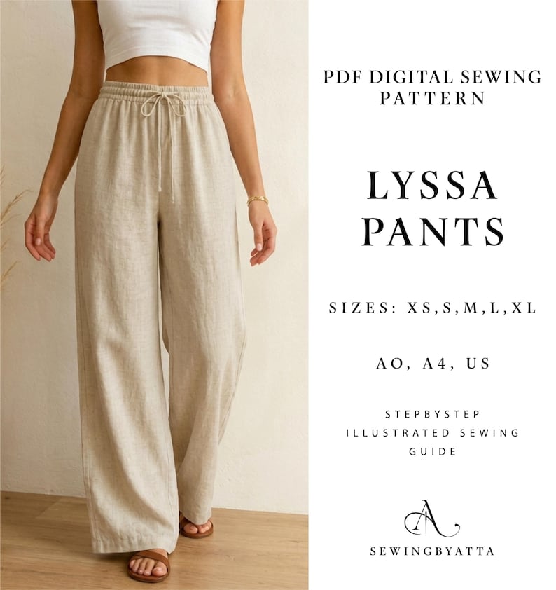 Wide Leg Pants Pattern PDF | Women's Trousers Sewing Pattern | Drawstring Waist | Printable XS-XL Download