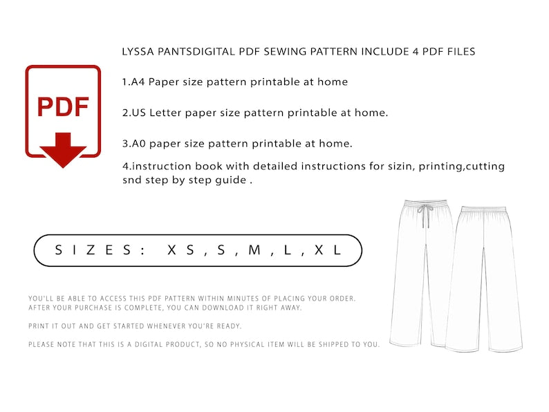 Wide Leg Pants Pattern PDF | Women's Trousers Sewing Pattern | Drawstring Waist | Printable XS-XL Download