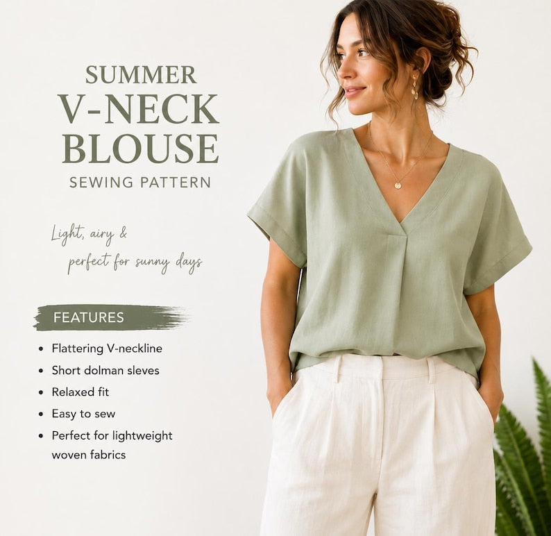 V Neck Blouse Sewing Pattern PDF | Summer Oversized Top Pattern | Puff Sleeve Shirt | Women's Sewing Pattern | A4 A0 Projector | XXS-5XL