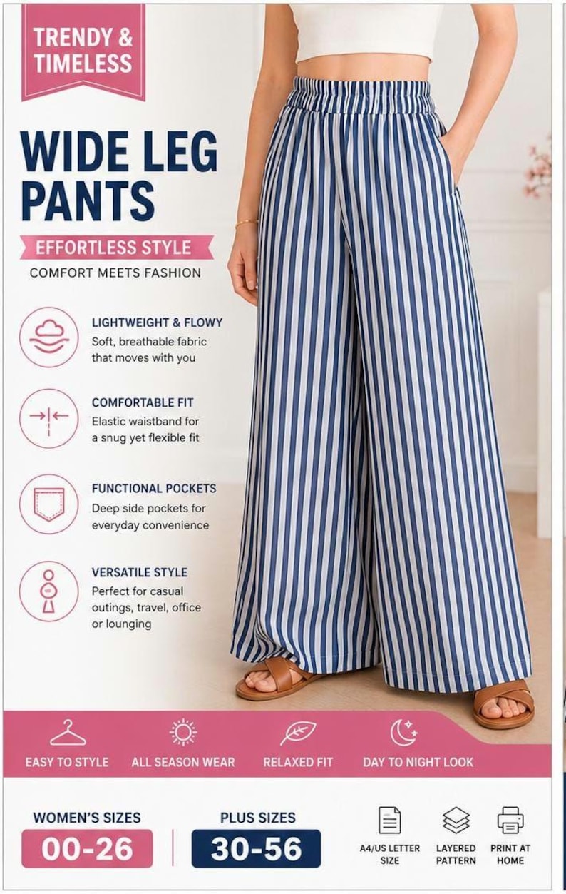 Wide Leg Pants Sewing Pattern PDF, Women's Elastic Waist Pants Pattern, Palazzo Pants PDF, Plus Size Sewing Pattern XS-5XL, Digital Download