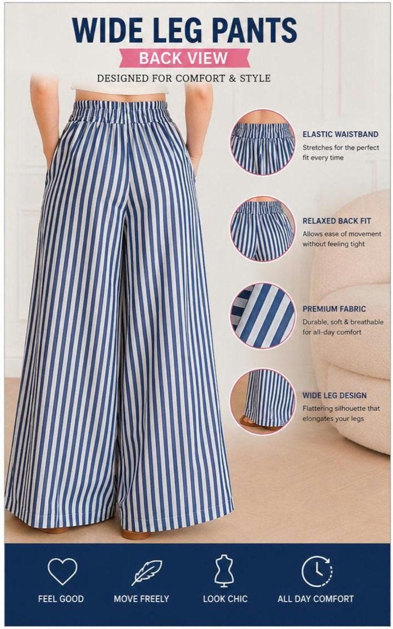 Wide Leg Pants Sewing Pattern PDF, Women's Elastic Waist Pants Pattern, Palazzo Pants PDF, Plus Size Sewing Pattern XS-5XL, Digital Download