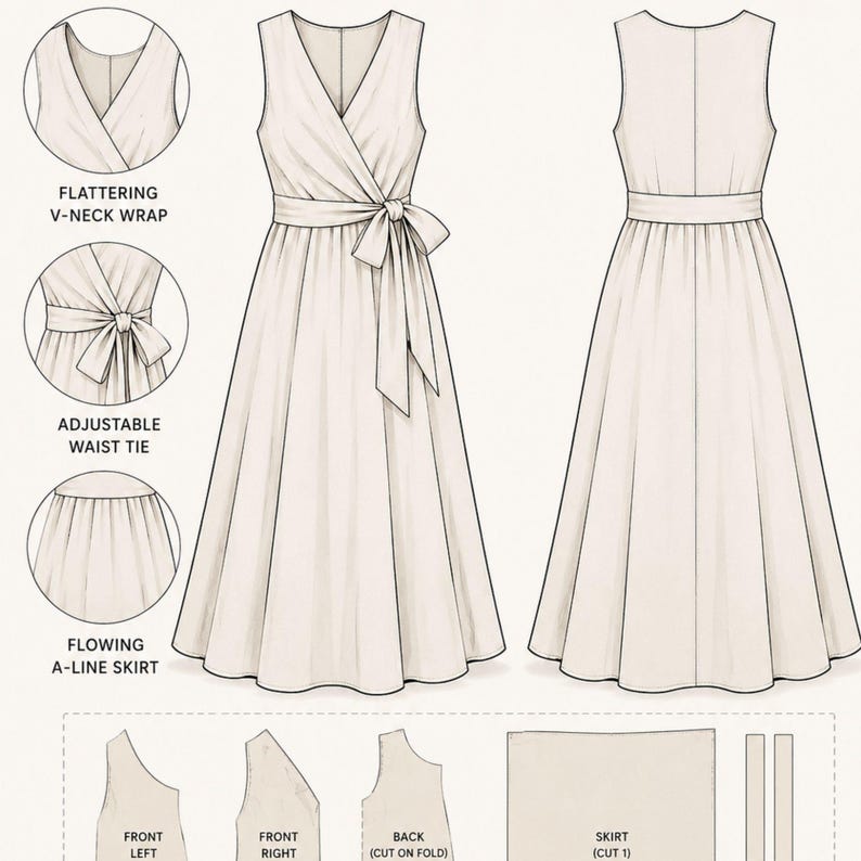 Wrap Dress Sewing Pattern PDF | V-Neck Tie Belt Sleeveless Dress | XS-2XL | A0 A4 US Letter Printable | Instant Download | Beginner Friendly