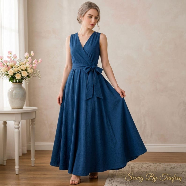 Wrap Dress Sewing Pattern PDF | V-Neck Tie Belt Sleeveless Dress | XS-2XL | A0 A4 US Letter Printable | Instant Download | Beginner Friendly