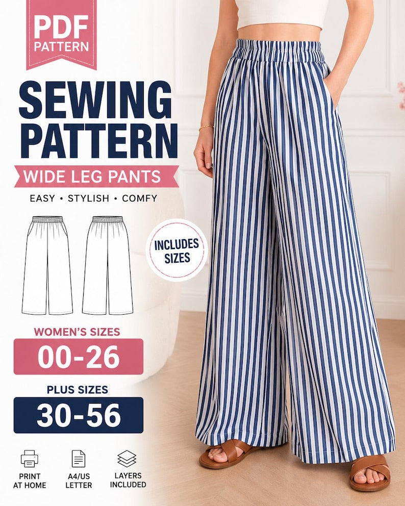 Wide Leg Pants Sewing Pattern PDF, Women's Elastic Waist Pants Pattern, Palazzo Pants PDF, Plus Size Sewing Pattern XS-5XL, Digital Download