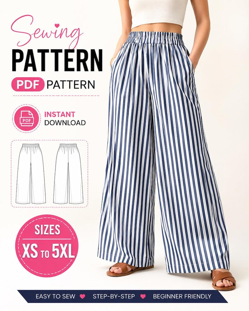 Wide Leg Pants Sewing Pattern PDF, Women's Elastic Waist Pants Pattern, Palazzo Pants PDF, Plus Size Sewing Pattern XS-5XL, Digital Download