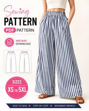 Wide Leg Pants Sewing Pattern PDF, Women's Elastic Waist Pants Pattern, Palazzo Pants PDF, Plus Size Sewing Pattern XS-5XL, Digital Download