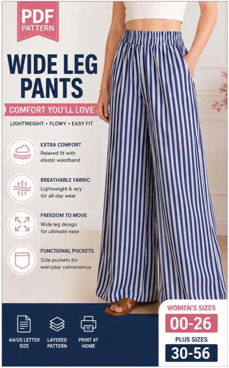 Wide Leg Pants Sewing Pattern PDF, Women's Elastic Waist Pants Pattern, Palazzo Pants PDF, Plus Size Sewing Pattern XS-5XL, Digital Download
