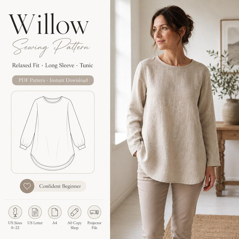 Willow Tunic Long Sleeve Sewing Pattern, PDF Sizes US 0-22, Beginner Friendly Top Pattern, Projector File, Fall Capsule Wardrobe